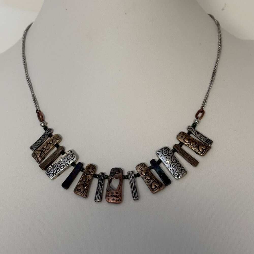 Mixed Metal Textured Bar Necklace Silver Copper Bronze Etched Statement Artisan